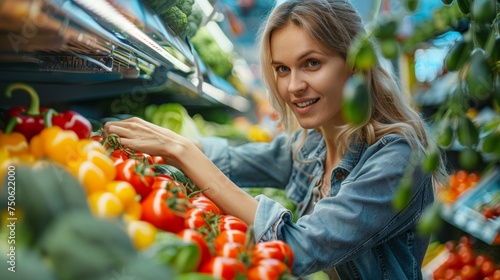 Woman handpicks fresh produce at local market, filling basket with vibrant fruits and veggies.