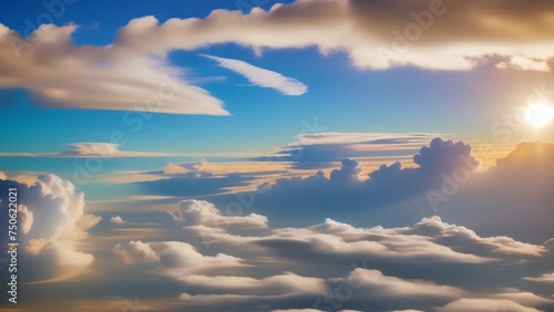 Infinite vistas unfurl, a celestial tapestry of radiant blue, where sunlight reigns supreme over billowing clouds. Weather concept. High-quality video. Timelapse. Blue sky background. 4K UHD.
