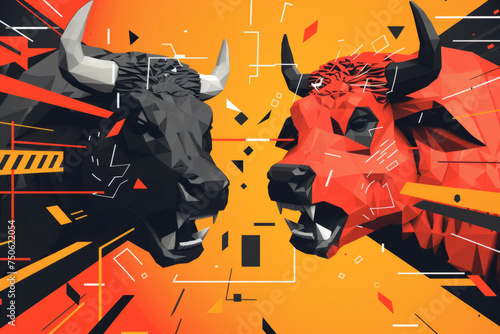Abstract Bull Shapes, Stock Market Conceptual Art on a Dynamic Orange Background
