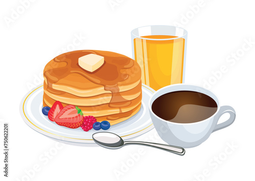 Pancakes, cup of coffee and orange juice drink vector illustration. Cup of coffee and pancakes with fruit icon set vector isolated on a white background. Sweet breakfast still life
