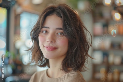 A woman flaunts her stunning new hair color and highlights, expertly done by a skilled hairstylist at a salon.