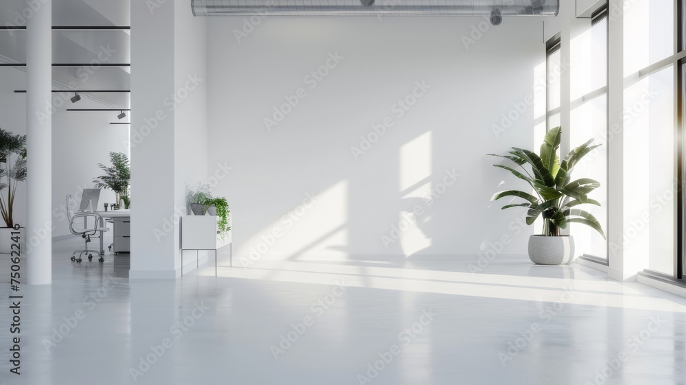 A white open space office interior featuring a mock-up wall, providing a clean and modern workspace for creativity and productivity. A white open space office interior featuring a mock-up wall, providing a clean and modern workspace for creativity and productivity.
