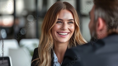 Businesswoman with a smile in her office meets with a businessman. Business meeting.