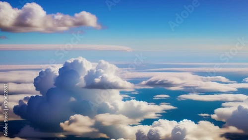 Majestic skies unfold, a canvas of blue expanse beneath, as clouds dance in harmony below. Meteorology concept. Video footage. Time-lapse. Summer sky background. 4K.
