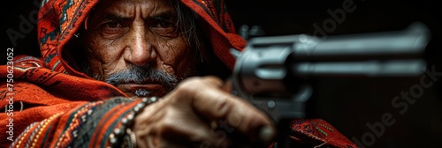 Man Vivid Mexican Poncho Holding Handgun, Background Banner