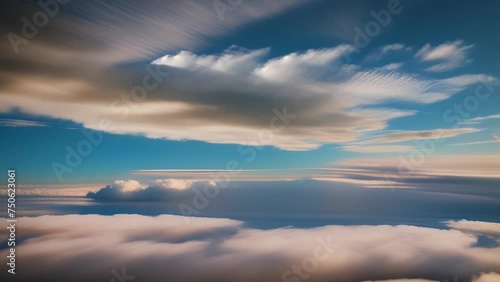 Aerial enchantment: dawn's first light paints the sky with hues of blue, a breathtaking vista above the clouds. Beautiful nature concept. High-quality video. Timelapse. Blue sky background. 4K UHD.
