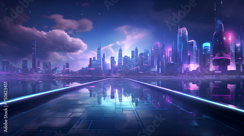Futuristic city in futuristic style. Skyscrapers and buildings with neon lights.