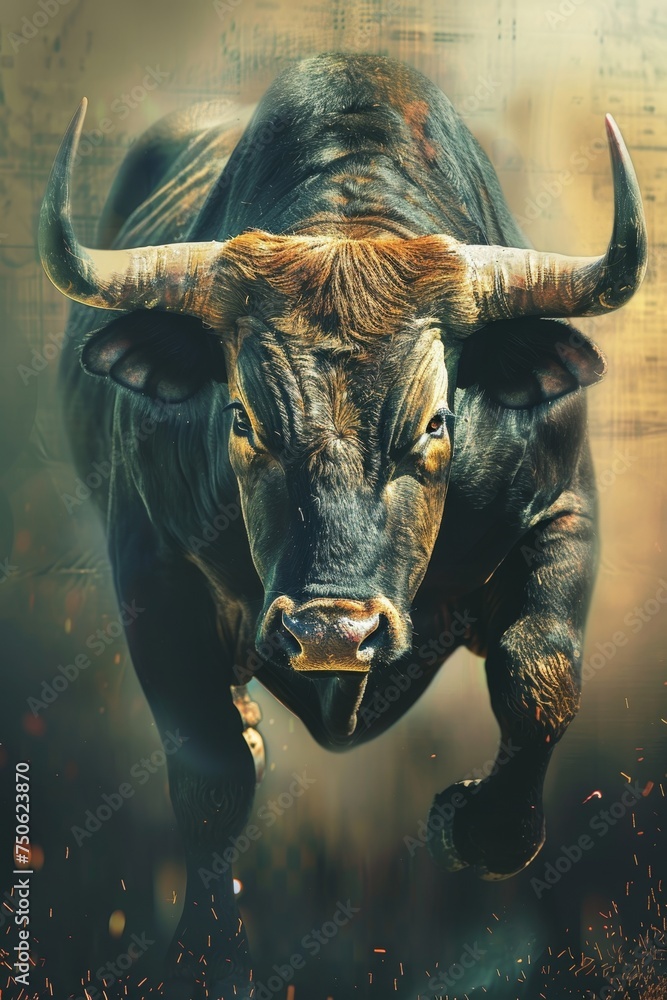 A bitcoin bull in sharp focus against a volatile market background - obrazy, fototapety, plakaty 