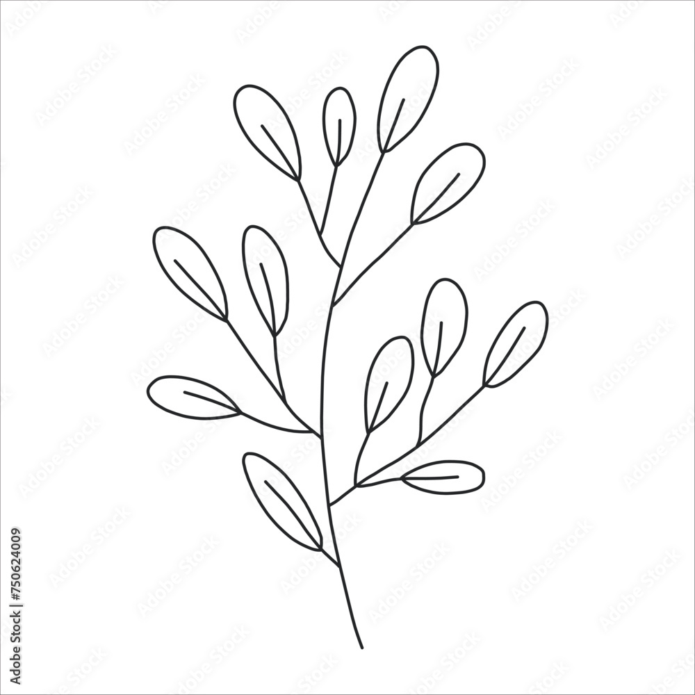 Black silhouette of a plant branch. Flower branch in outline style hand drawn on isolated white background. Vector stock illustration. Minimal line art for print, cover or tattoo. Black silhouette of a plant branch. Flower branch in outline style hand drawn on isolated white background. Vector stock illustration. Minimal line art for print, cover or tattoo.