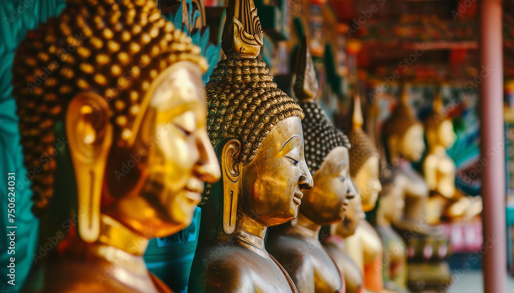 Golden Buddha statues radiating divinity at a traditional temple in Thailand - representing the richness of Buddhist art and culture." - obrazy, fototapety, plakaty 