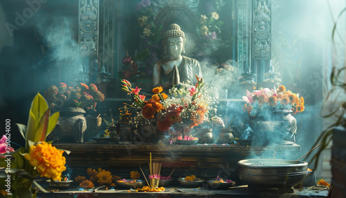 Buddhist shrine adorned with fresh flowers and aromatic incense - emanating an atmosphere of reverence and tranquility in spiritual practice."