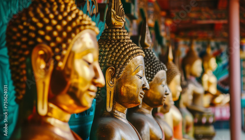Golden Buddha statues radiating divinity at a traditional temple in Thailand - representing the richness of Buddhist art and culture." © Davivd