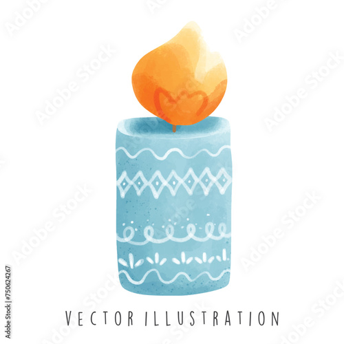 Watercolor Happy Hanukkah with Candle. Vector Illustration