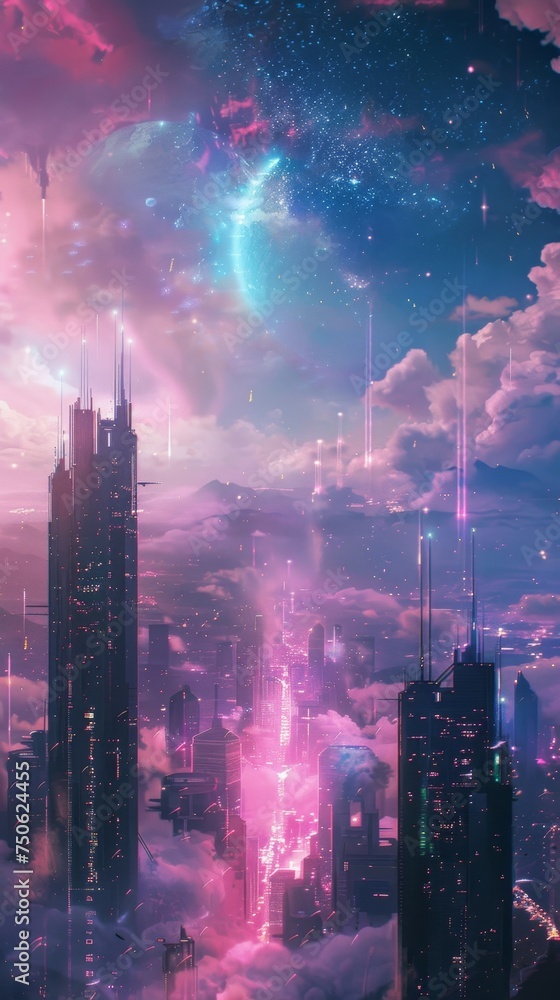 Blockchain revolution pastel skies over futuristic cities