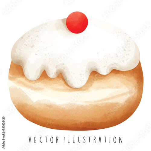 Watercolor Happy Hanukkah with desserts. Vector Illustration