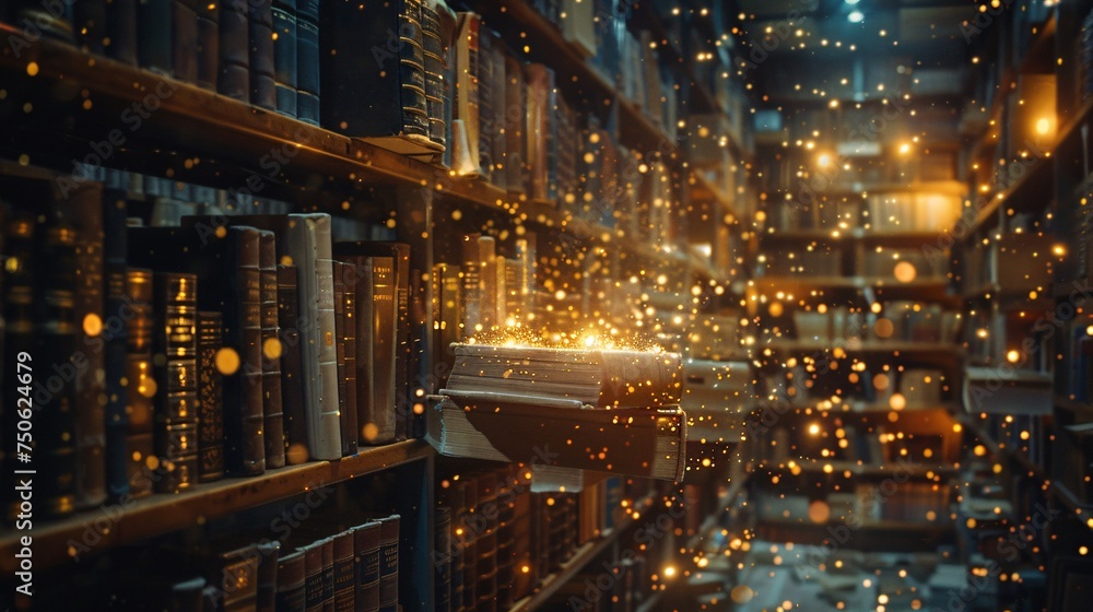 Space library, sparkling, one book, shining