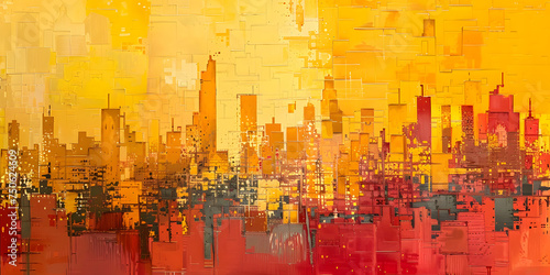 Cityscape painting with skyscrapers against orange sky background © Nadtochiy