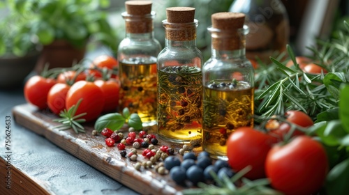 fresh tomatoes with basil and bottle of oil