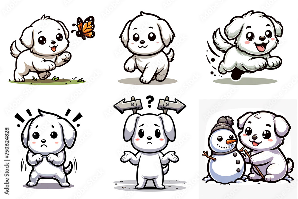 Obraz premium かわいい犬のキャラクターのイラスト。元気に遊んだり歩いたりする白い犬のイラストセット
