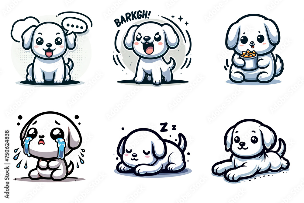 Obraz premium 白い犬のキャラクターのイラストセット。話す犬、吠える犬、食べる犬など