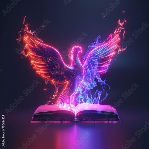 Machine learning as a pastel phoenix rising from a neon book