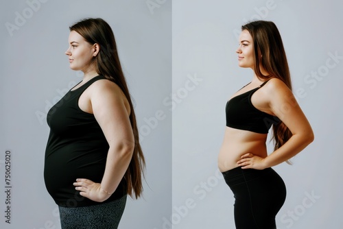 woman before and after weight loss on gray background photo