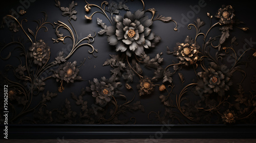 Black background wall with vintage floral ornament
