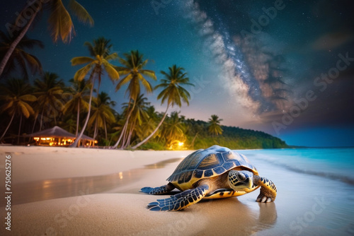 a turtle in the beach with sea background 