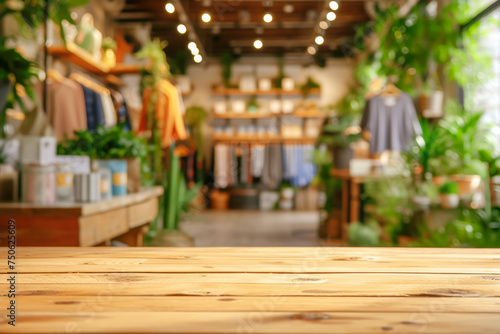 Wooden empty table for montage your products against blurred Cozy interior of sustainable apparel shop. Eco friendly shopping concept. Scene stage showcase for promotion sale or advertising