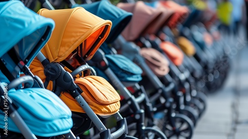 Row of new, unbranded strollers for sale. Dof.