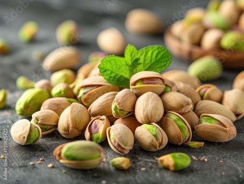 unpeeled pistachios on a black background