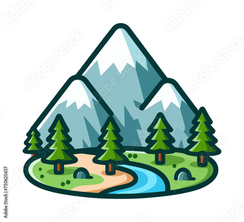 Mountain Landscape With Trees and River. Cartoon Vector