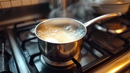 boiling milk in saucepan on the stove photo