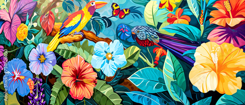 A vibrant painting of Hawaiian hibiscus and birds in a lush tropical forest