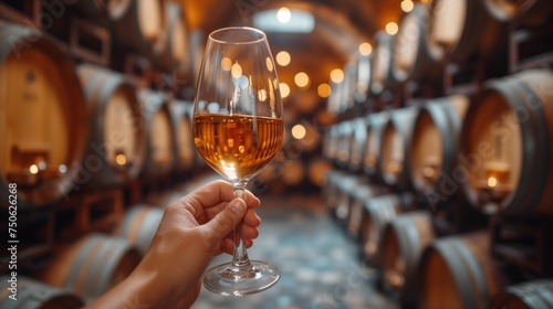 glass of wine in hand wine cellar background photo