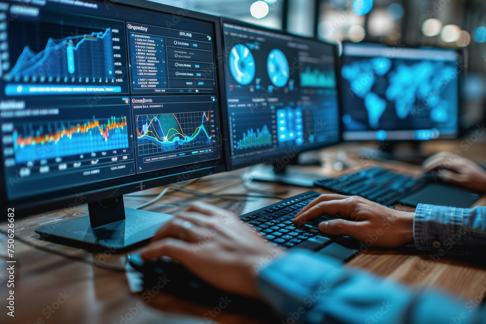 An analyst uses a computer and dashboard for data business analysis sales, and marketing. An analyst uses a computer and dashboard for data business analysis sales, and marketing.