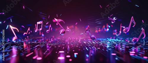 3d musical notes a 3d looking futuristic rave neon colors with purple flashes and speakers