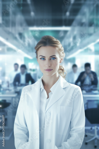 Free Download Young female science researcher wearing work clothes. Chemistry. Physics in a chemistry lab. Generative AI. - GFXLoad