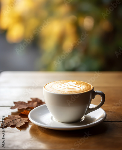 Cup of cappuccino in white glass on a wooden table. coffee and sunlight in the morning.