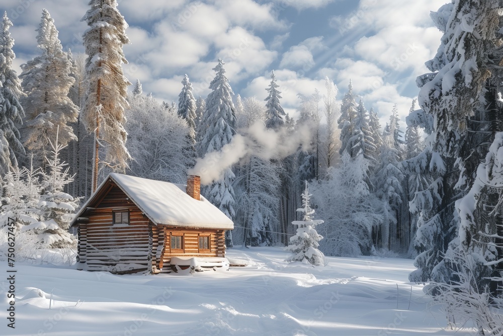 A cozy log cabin nestled in a clearing of a snowy forest.