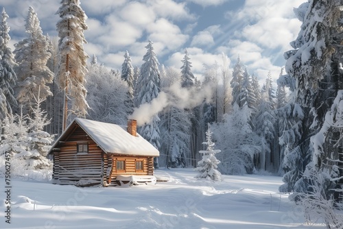 A cozy log cabin nestled in a clearing of a snowy forest.