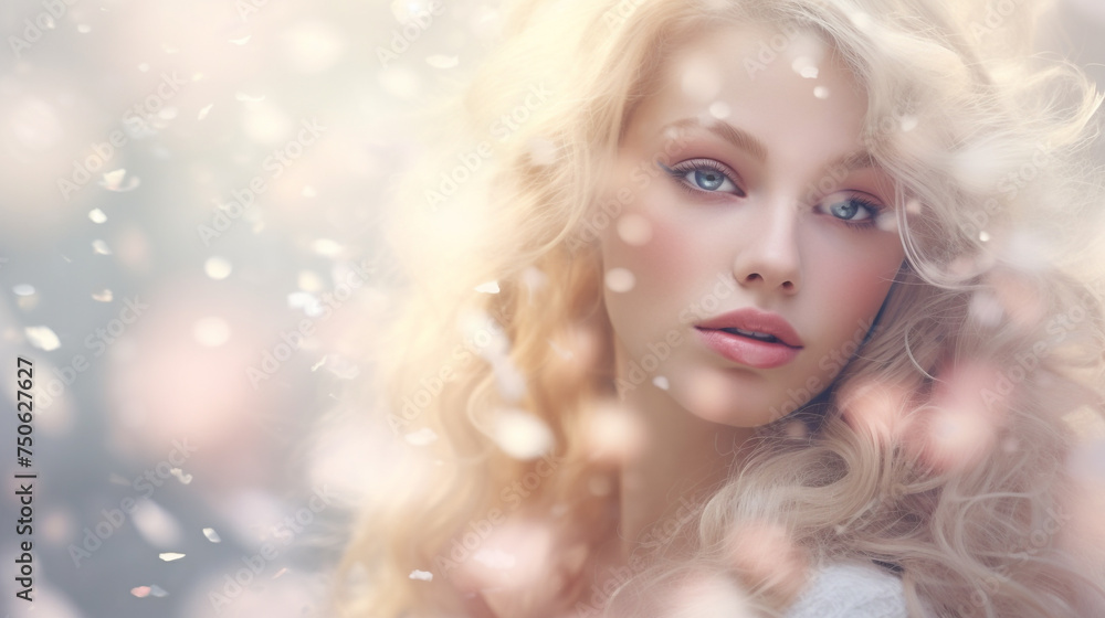 Radiant young woman with flawless skin smiles softly. Dreamy background blurs with sparkling bokeh. Perfect for web design, product showcases, cosmetics & skincare promotions.
