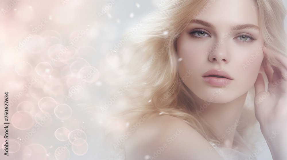 Radiant young woman with flawless skin smiles softly. Dreamy background blurs with sparkling bokeh. Perfect for web design, product showcases, cosmetics & skincare promotions.