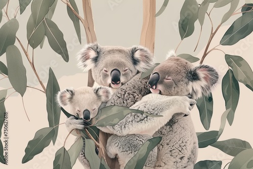 Two koalas are perched on the branches of a tall tree.
