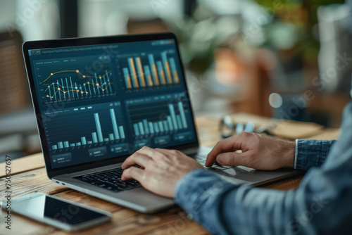 business man hand working on laptop computer financial with graphic graph chart diagram AI Generated.