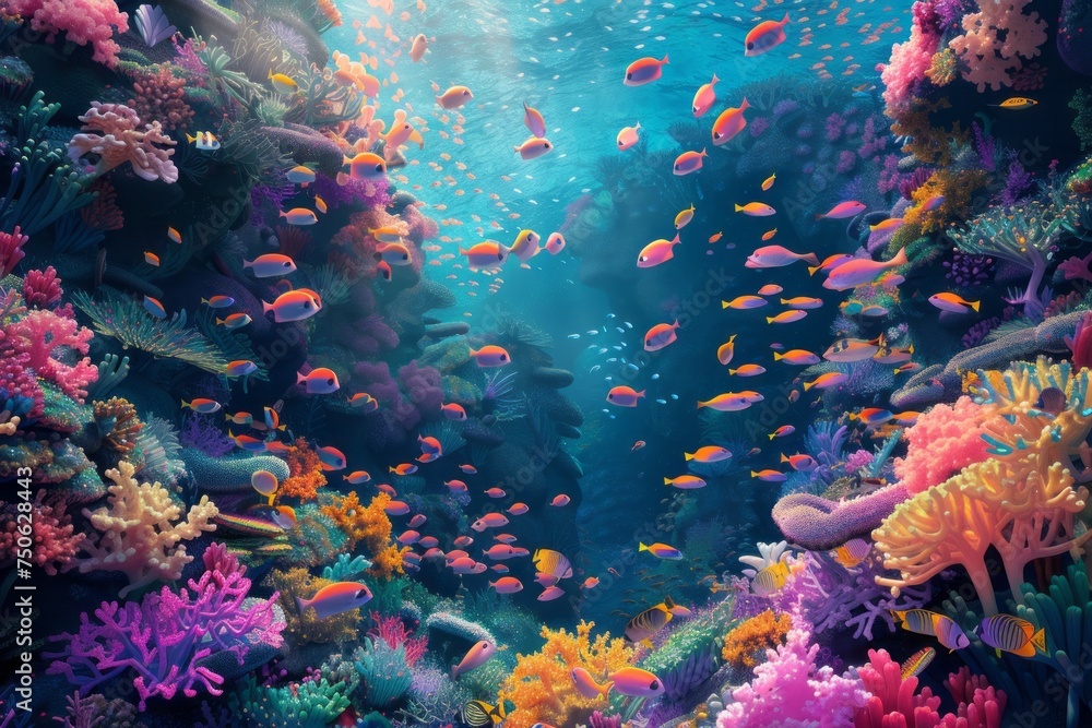 A colorful painting depicting a lively coral reef, filled with a diverse array of fish.