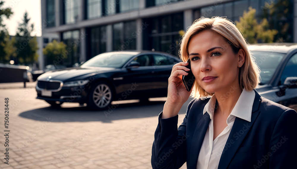 Stock photo of a business woman talking on a mobile phone in front of a car on the street. Ai generated.