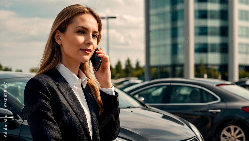 A businesswoman in a business suit talking on a cell phone in a parking. Ai generated. A businesswoman in a business suit talking on a cell phone in a parking. Ai generated.