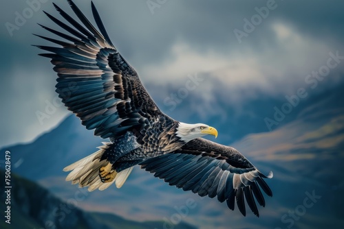 A breathtaking scene captures a majestic bald eagle as it soars gracefully through the air with majestic mountains serving as the backdrop.