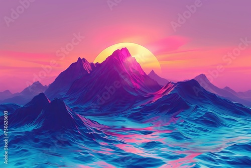 A painting capturing the beauty of a sunset as it casts warm colors over a majestic mountain range.